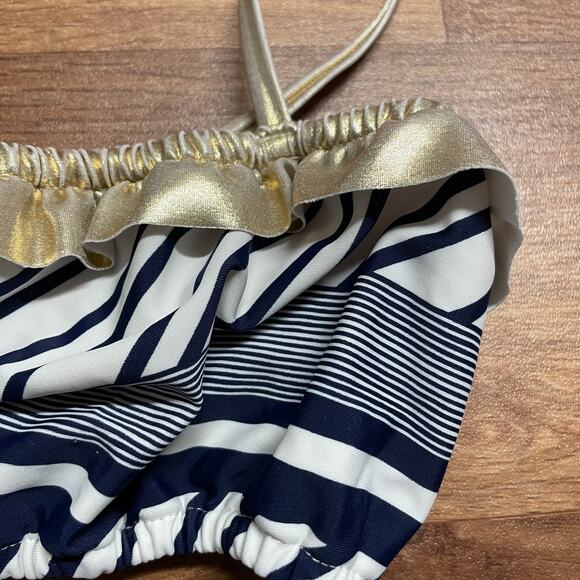 Tommy Bahama Girls Blue White Metallic Gold Striped Ruffled Bikini Top Size 7 - Picture 3 of 6